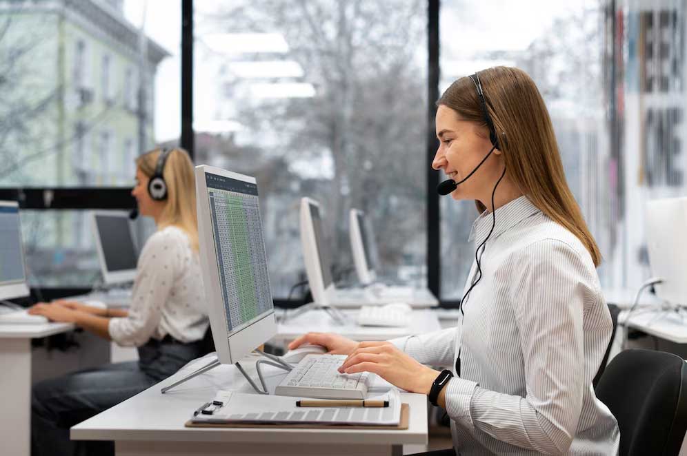 vop-img1 Call centre agents using VoIP headsets for client communication